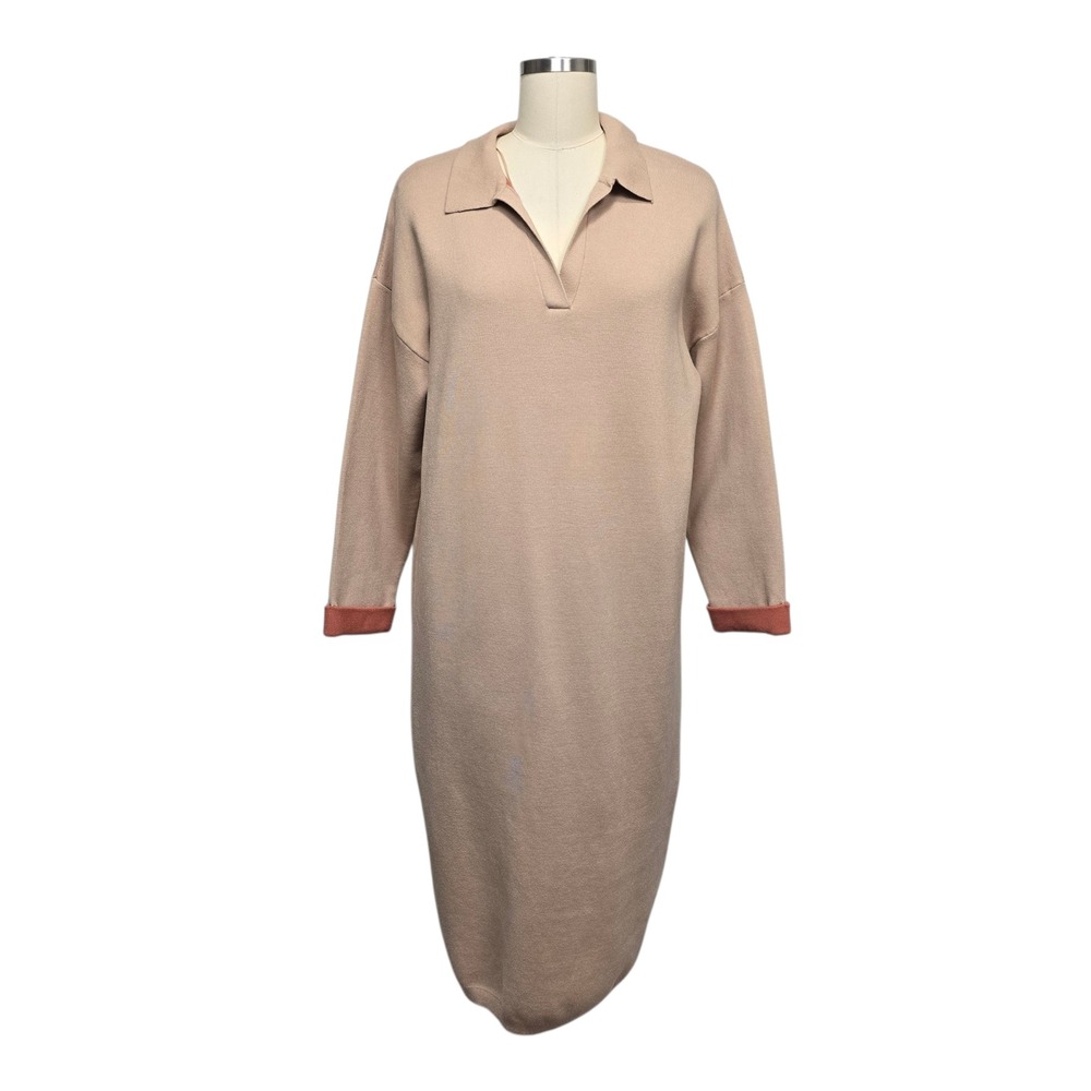 ZARA Knit Midi Sweater Dress Long Sleeve Collared Beige Women's Sz Small Neutral